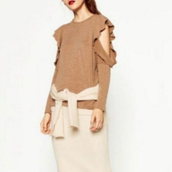 ✨HP✨Zara Camel Ruffle Open Shoulder Sweater✨ - Picture 2 of 8